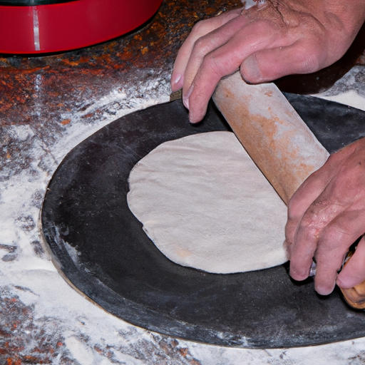 Hands rolling out pizza dough on a floured surface, getting ready to assemble a homemade pizza in a cast iron dutch oven.