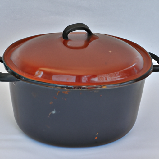 A Dutch oven, a versatile cooking vessel used to prepare the roast beef.